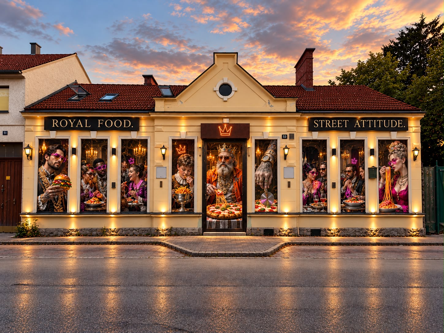Die Fassade von Royal Food mit beleuchteter Krone und Street-Food-Charakteren